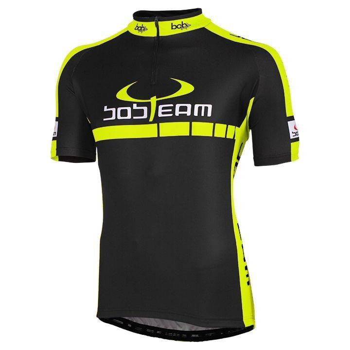 Maillot corto BOBTEAM negro y amarillo neón, ideal para ciclistas apasionados
