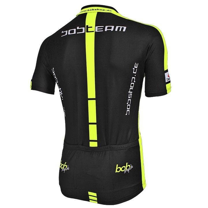 Maillot corto BOBTEAM negro y amarillo neón, ideal para ciclistas apasionados