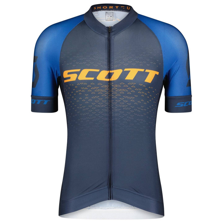 Maillot corto SCOTT RC Pro naranja y azul, ideal para ciclistas que buscan comodidad y estilo