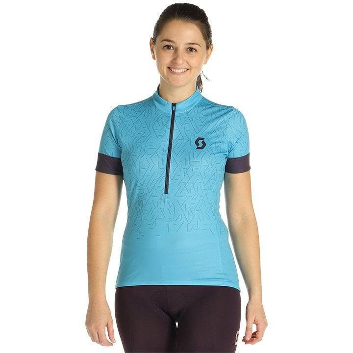 Maillot corto de ciclismo SCOTT para mujer en lila y azul, comodidad y estilo en cada ruta