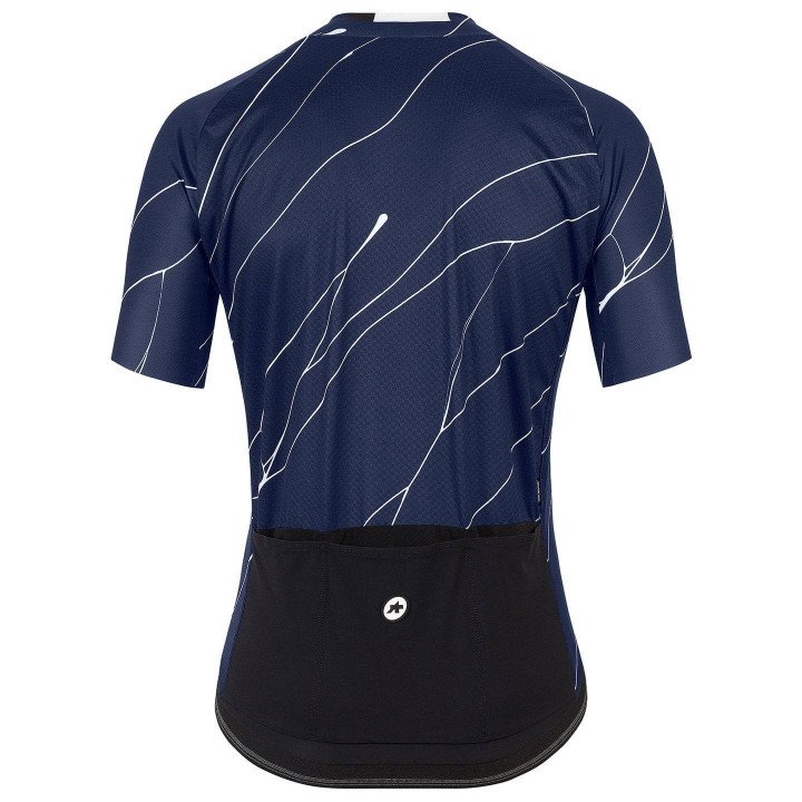 Maillot corto ASSOS Mille GT C2 EVO Ultra en azul oscuro y blanco, ideal para ciclistas