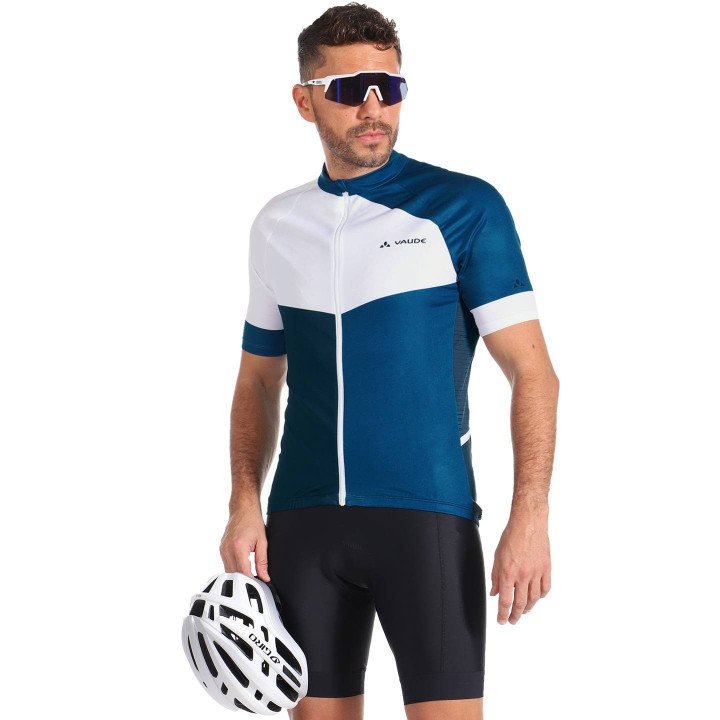 Maillot VAUDE Posta FZ en azul oscuro y blanco, ideal para ciclistas cómodos y estilosos