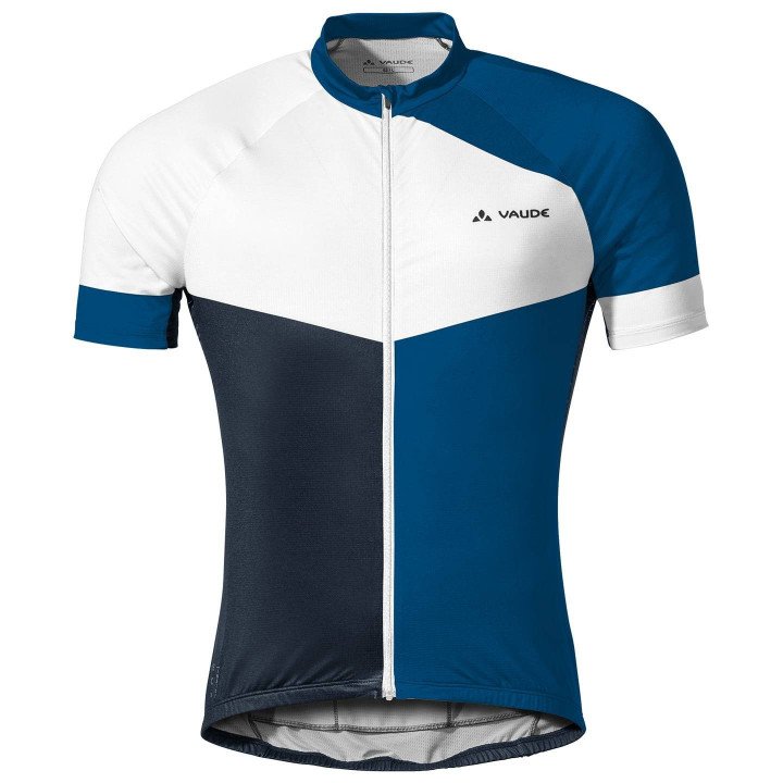 Maillot VAUDE Posta FZ en azul oscuro y blanco, ideal para ciclistas cómodos y estilosos